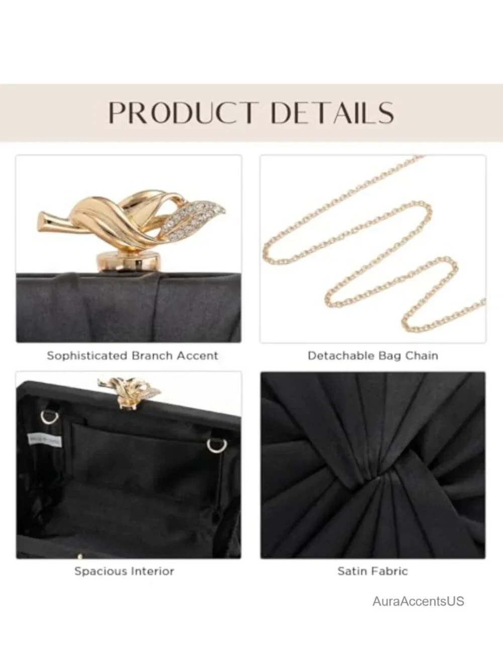 Pleated Satin Clutch with Detachable Chain Strap